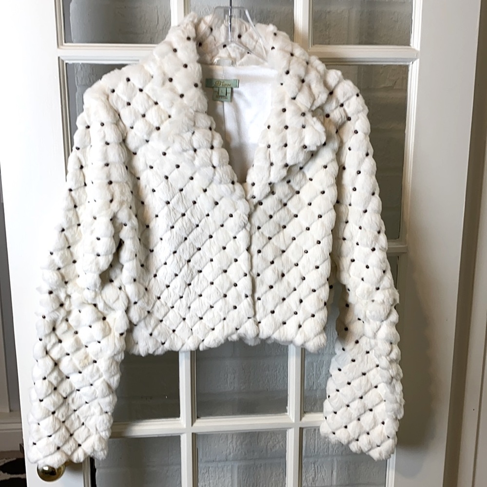 B’love faux fur Bolero Jacket with bronze studs in a diamond design. Size Large